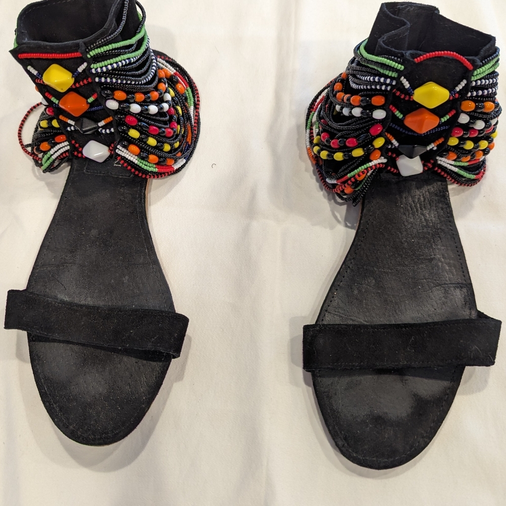 Anna Trzebinski black suede sandals with beading size 8 women's
